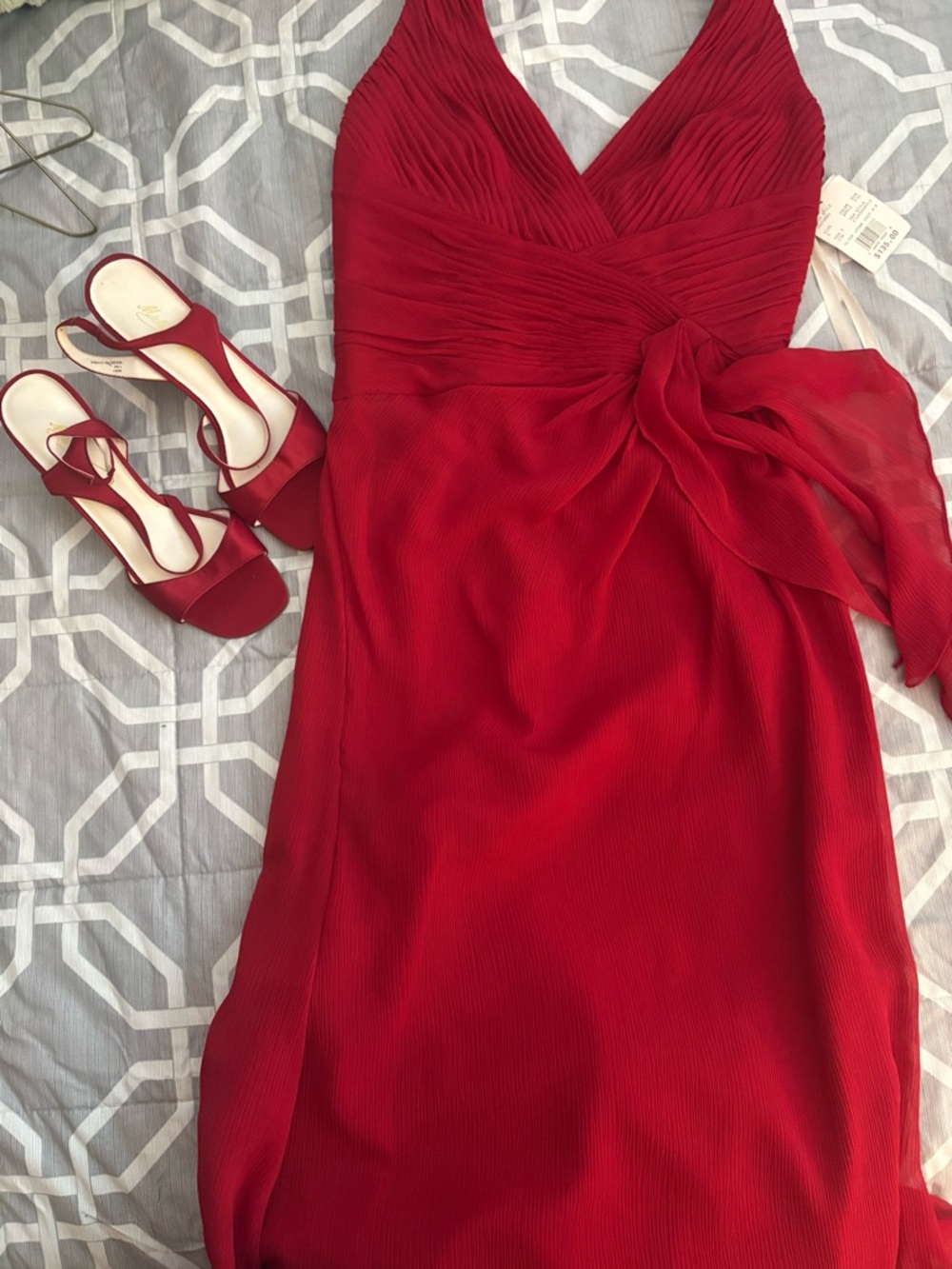 David's Bridal Halter style Red Evening Dress with matching shoes size 7 1/2